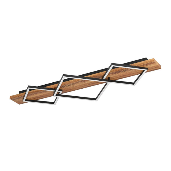 Boyal Angular Triple LED Ceiling Light in Rustic Wood with Black Frames