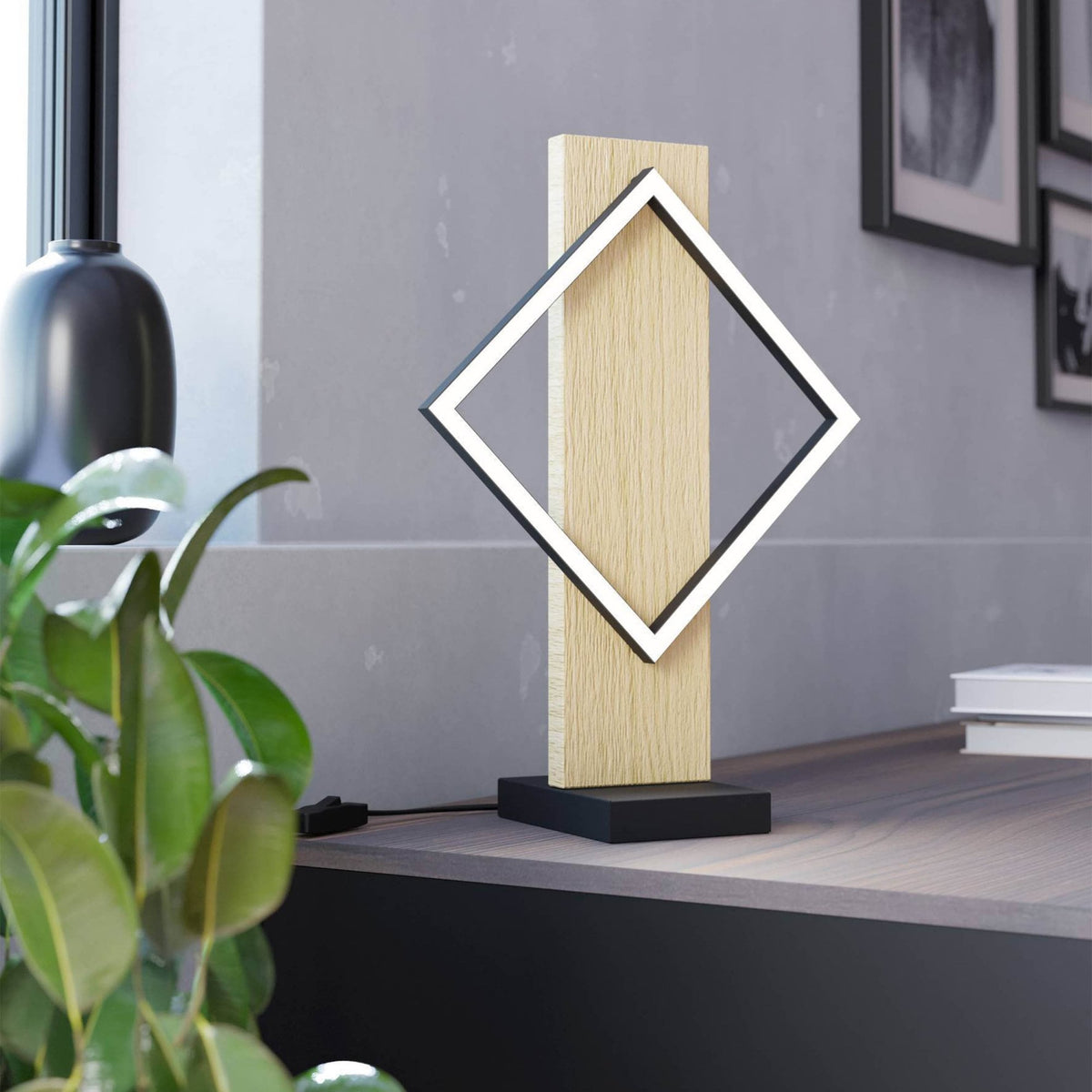 Boyal Angular LED Table Lamp in Light Wood with Black Frame