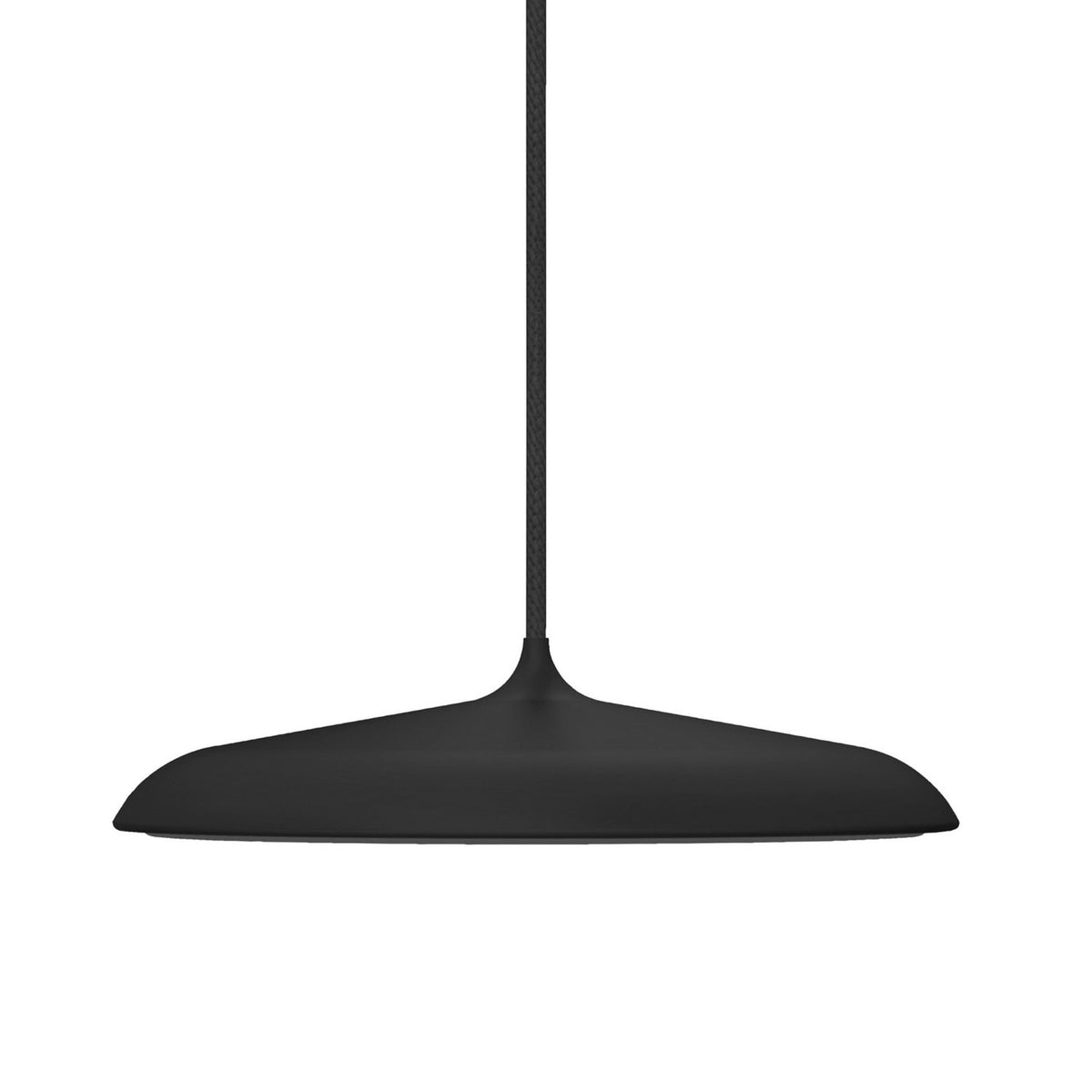 Black pendant light with a flat, circular shade and a braided cord