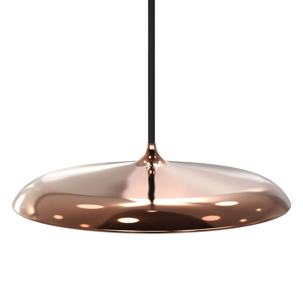 Close-up of a copper finish pendant light, showcasing its sleek, disc-shaped design.