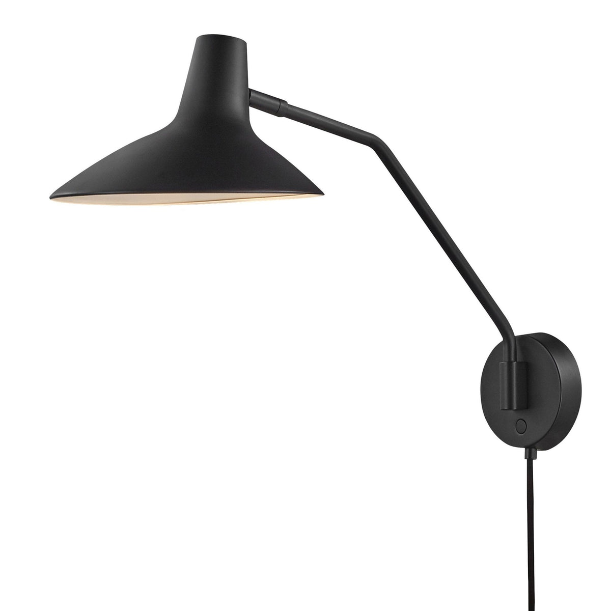 Black wall lamp with a long, adjustable arm and a conical shade, casting a warm glow downwards