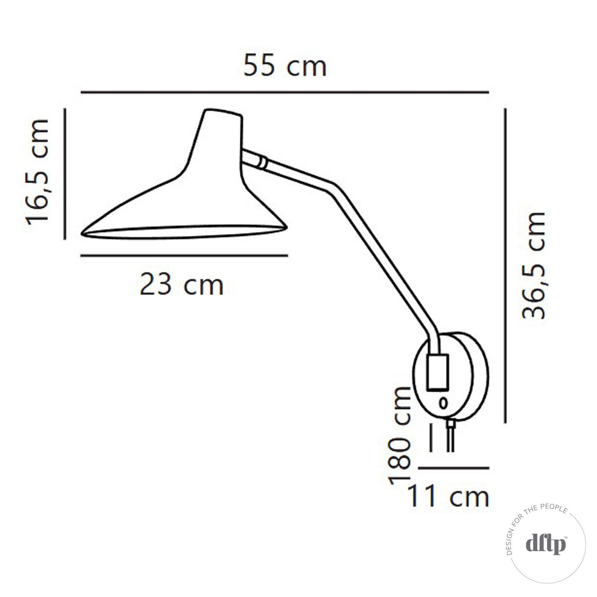 Line drawing of the DFTP Swing wall lamp with dimensions: 55cm wide, 36.5cm high, 180cm cable
