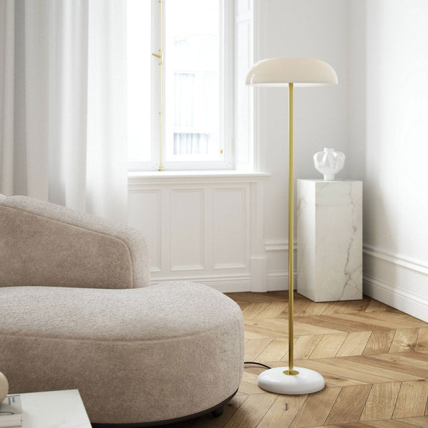 Glossy Brushed Brass Floor Lamp with Marble Base & Opal Glass Shade