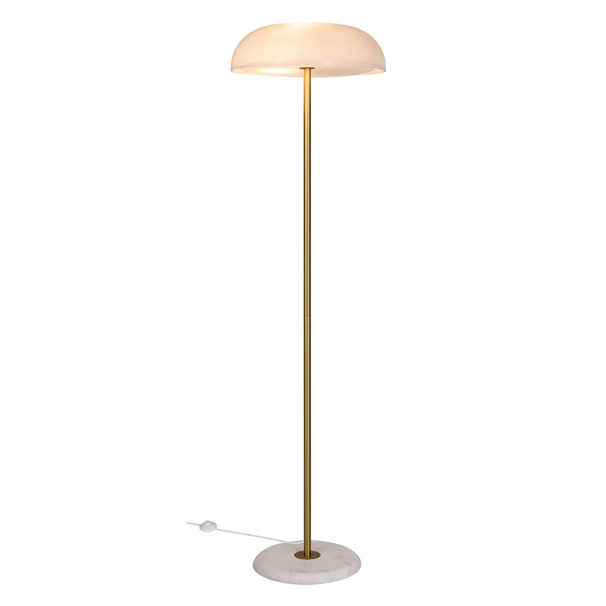 Glossy Brushed Brass Floor Lamp with Marble Base & Opal Glass Shade