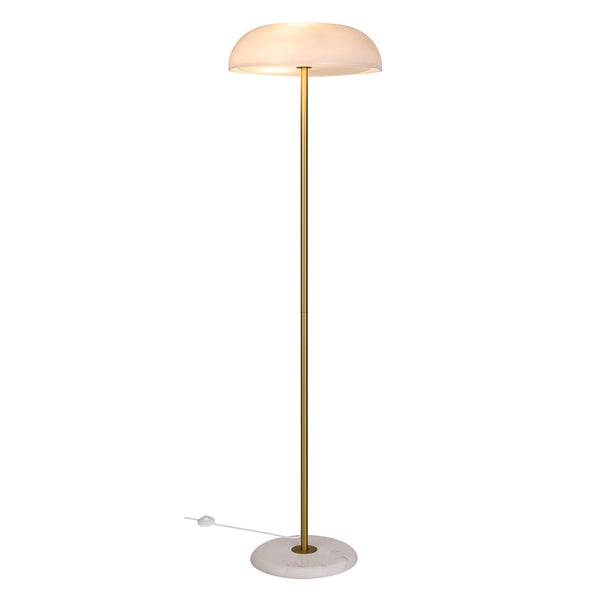 Glossy Brushed Brass Floor Lamp with Marble Base & Opal Glass Shade
