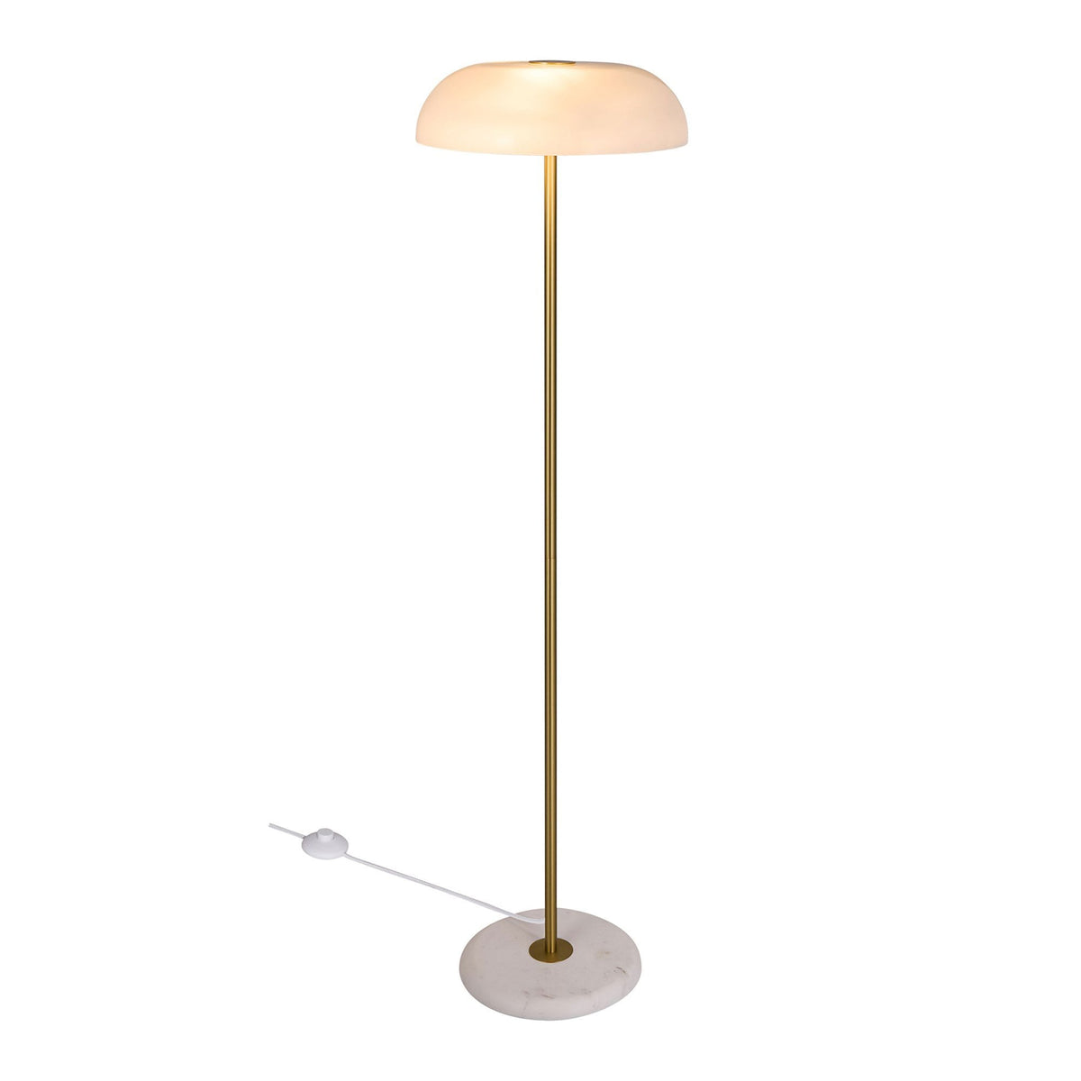 Glossy Brushed Brass Floor Lamp with Marble Base & Opal Glass Shade