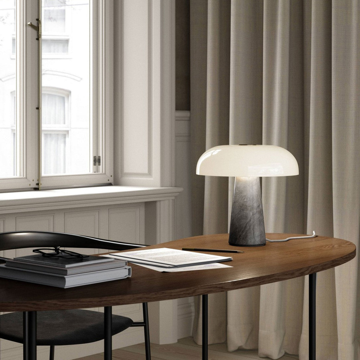 Glossy Grey Marble Table Lamp with Opal Glass Shade