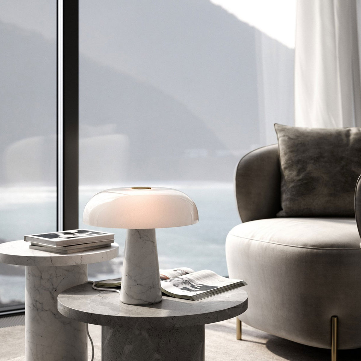 Glossy White Marble Table Lamp with Opal Glass Shade