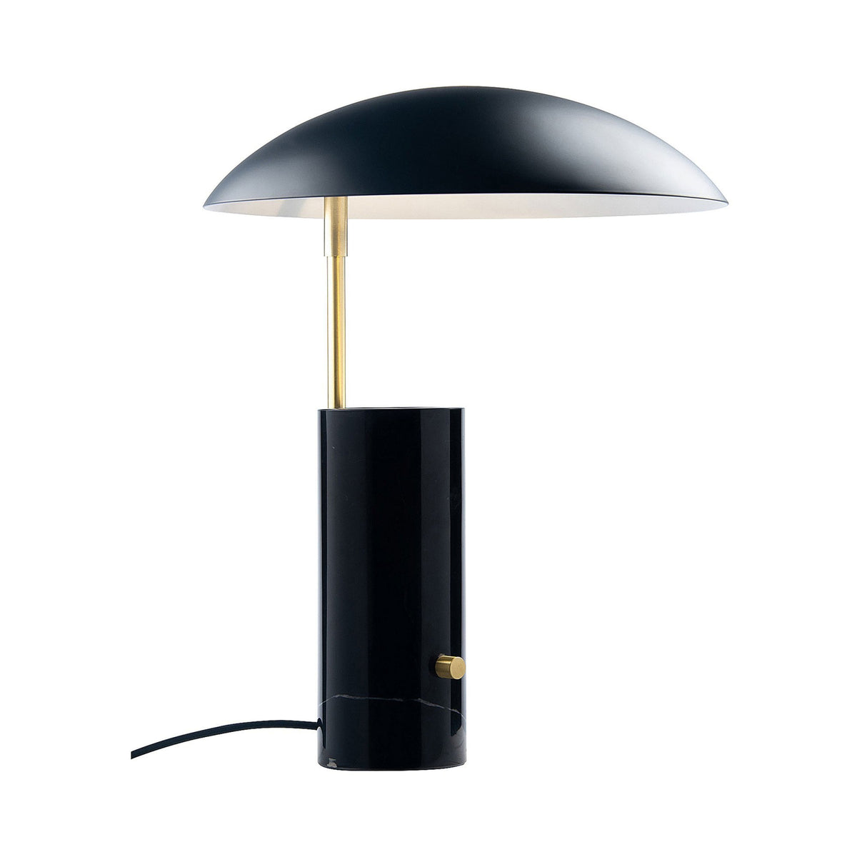 Full view of the table lamp with a black marble base and matte black mushroom shade.
