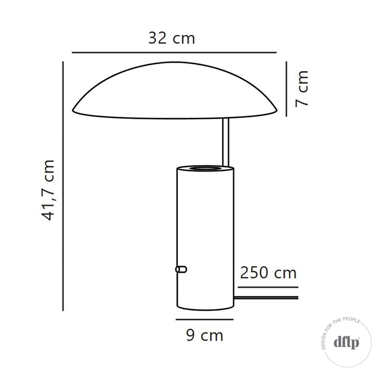 Diagram showing the dimensions of the table lamp, including height, width, and cord length.