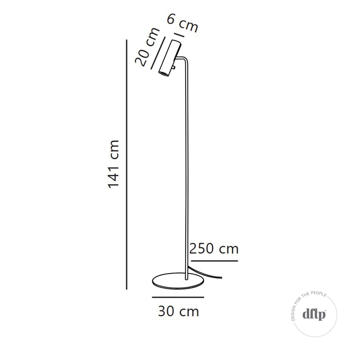 A technical diagram detailing the dimensions of the white cylindrical floor lamp.