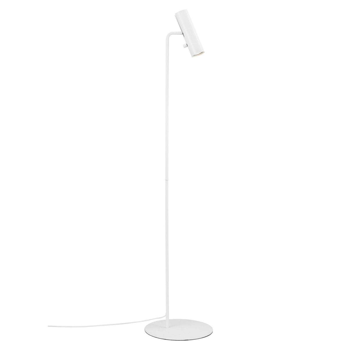 A minimalist white floor lamp with a cylindrical head on a white background.