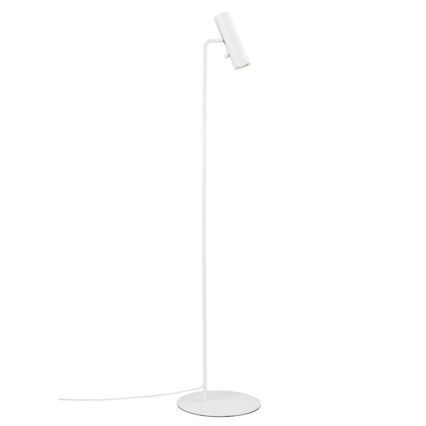 A minimalist white floor lamp with a cylindrical head on a white background.