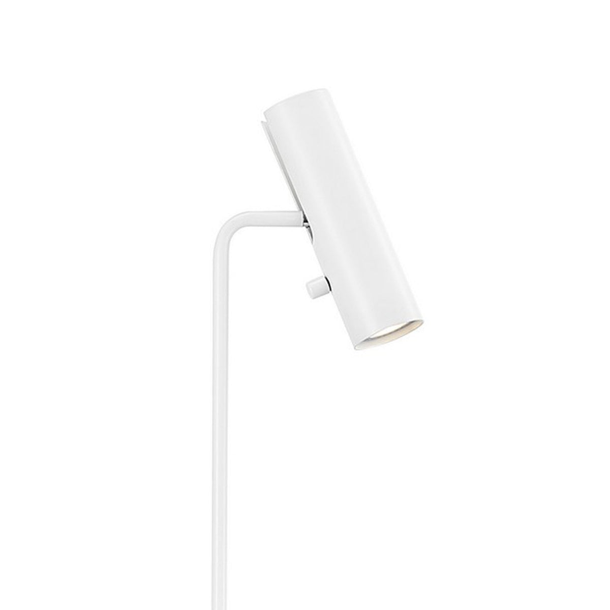 A close-up of the white cylindrical head of a modern floor lamp.