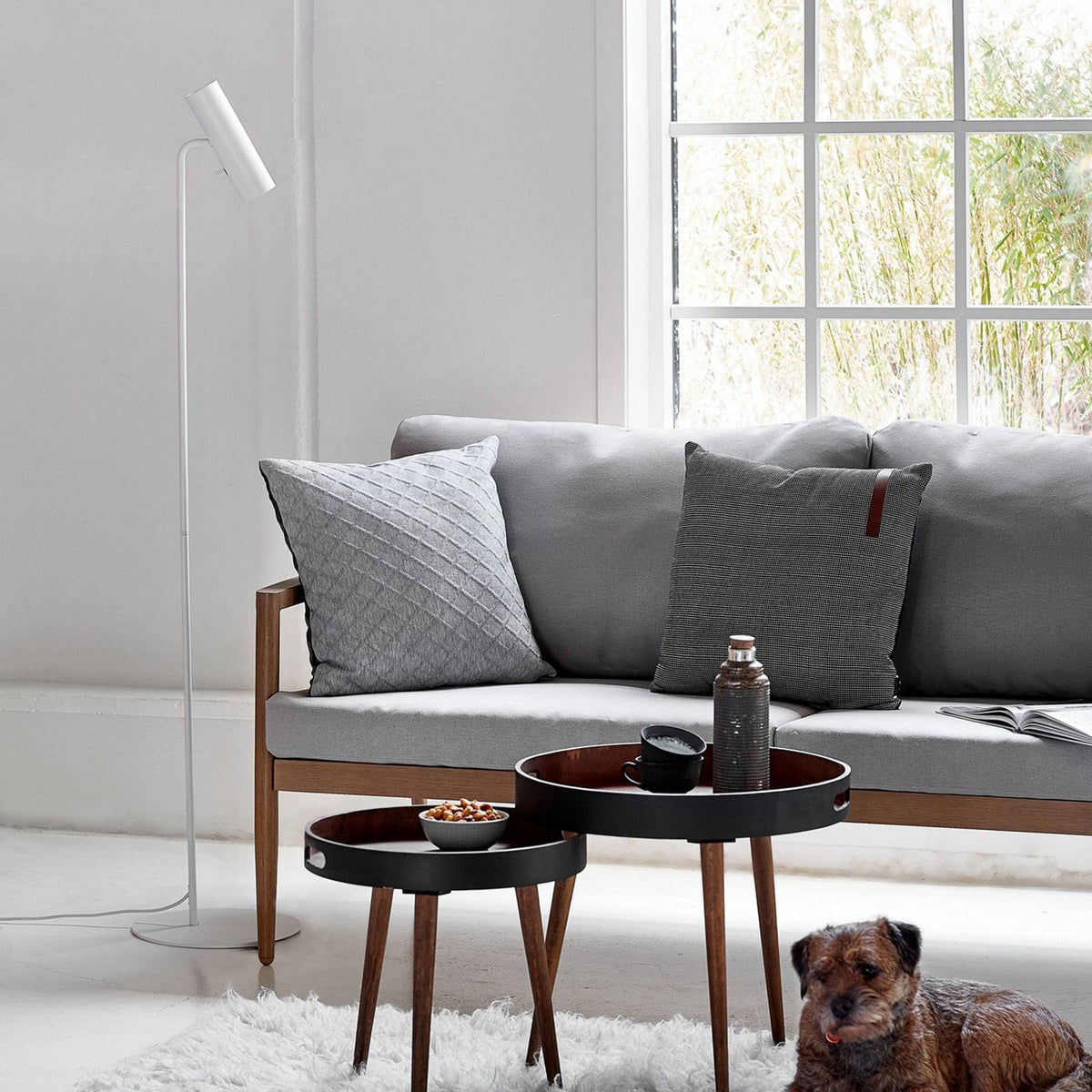 A white floor lamp illuminates a modern living room with a sofa, side tables, and a dog.