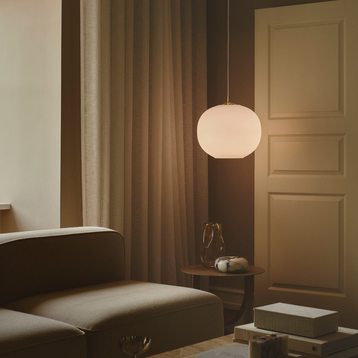 Navone 40 Opal Glass Pendant in White with Brass Detail