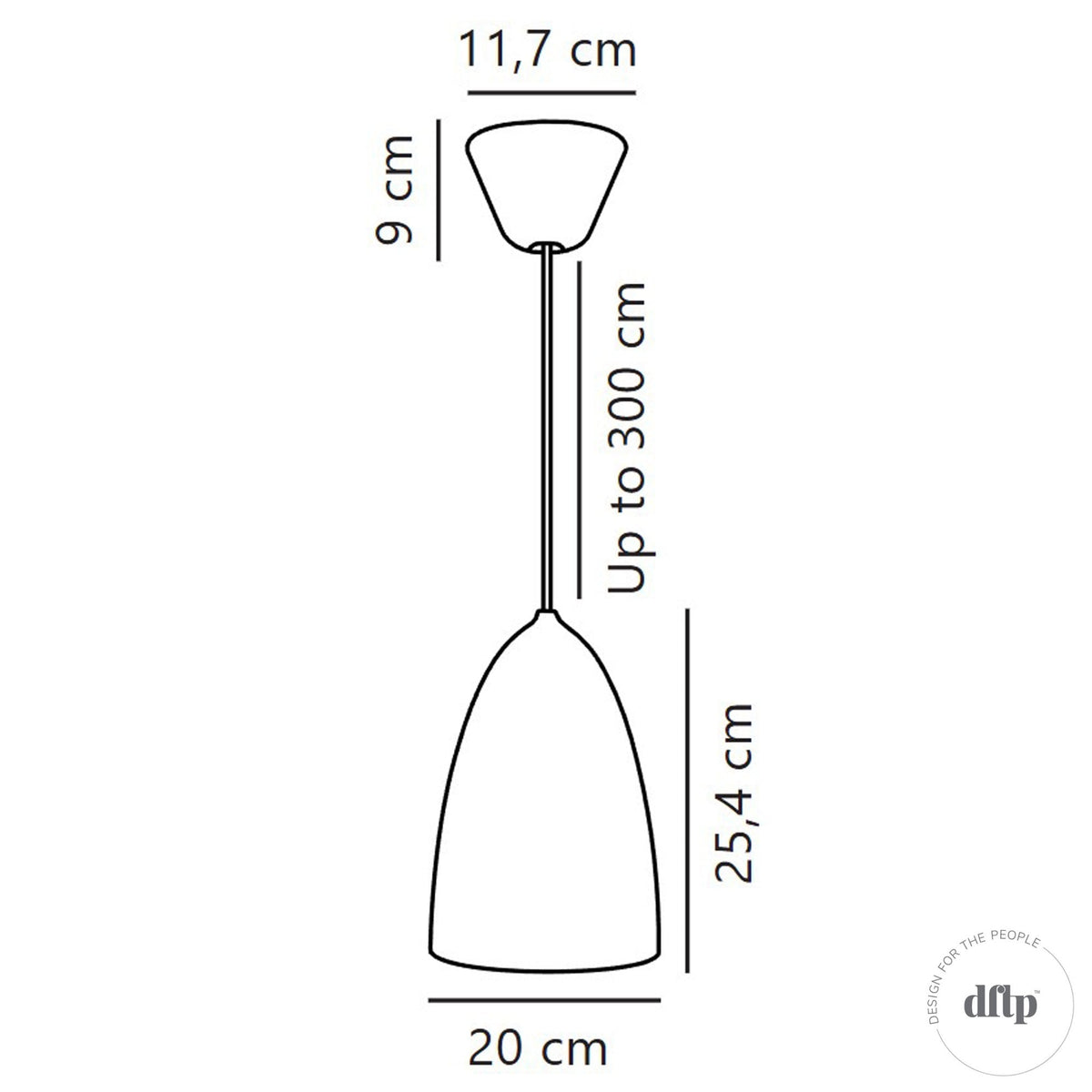 A line drawing of the pendant light with dimensions for height, width, and cord length.