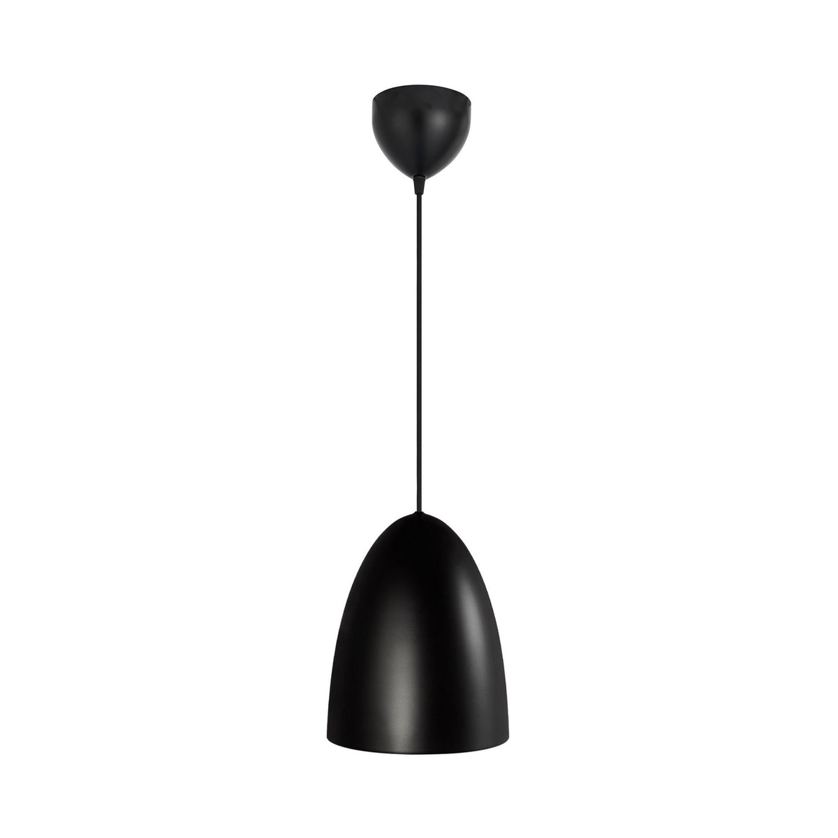 A sleek, black pendant light with a conical shade and a matching ceiling rose on a white background.