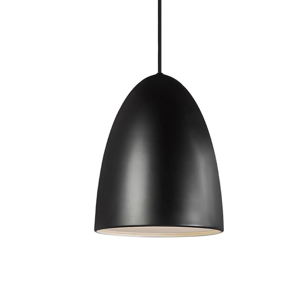 A close-up of a matte black conical pendant light with a subtle white interior.