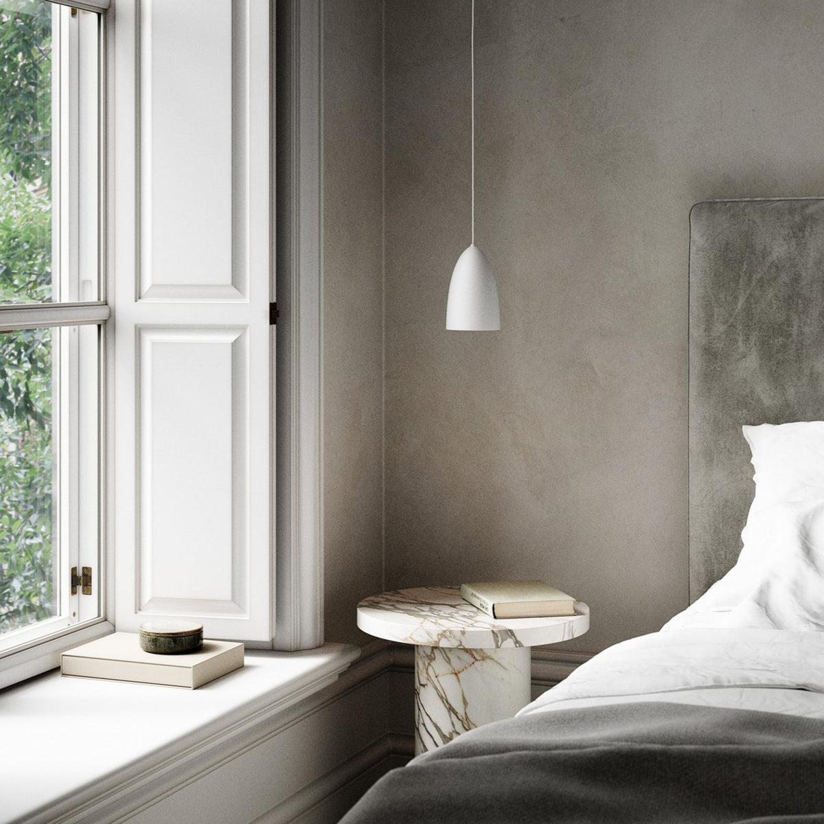 DFTP By Nordlux Nexus 2.0 Small Nordic Pendant in TeleGrey & White in a bedroom