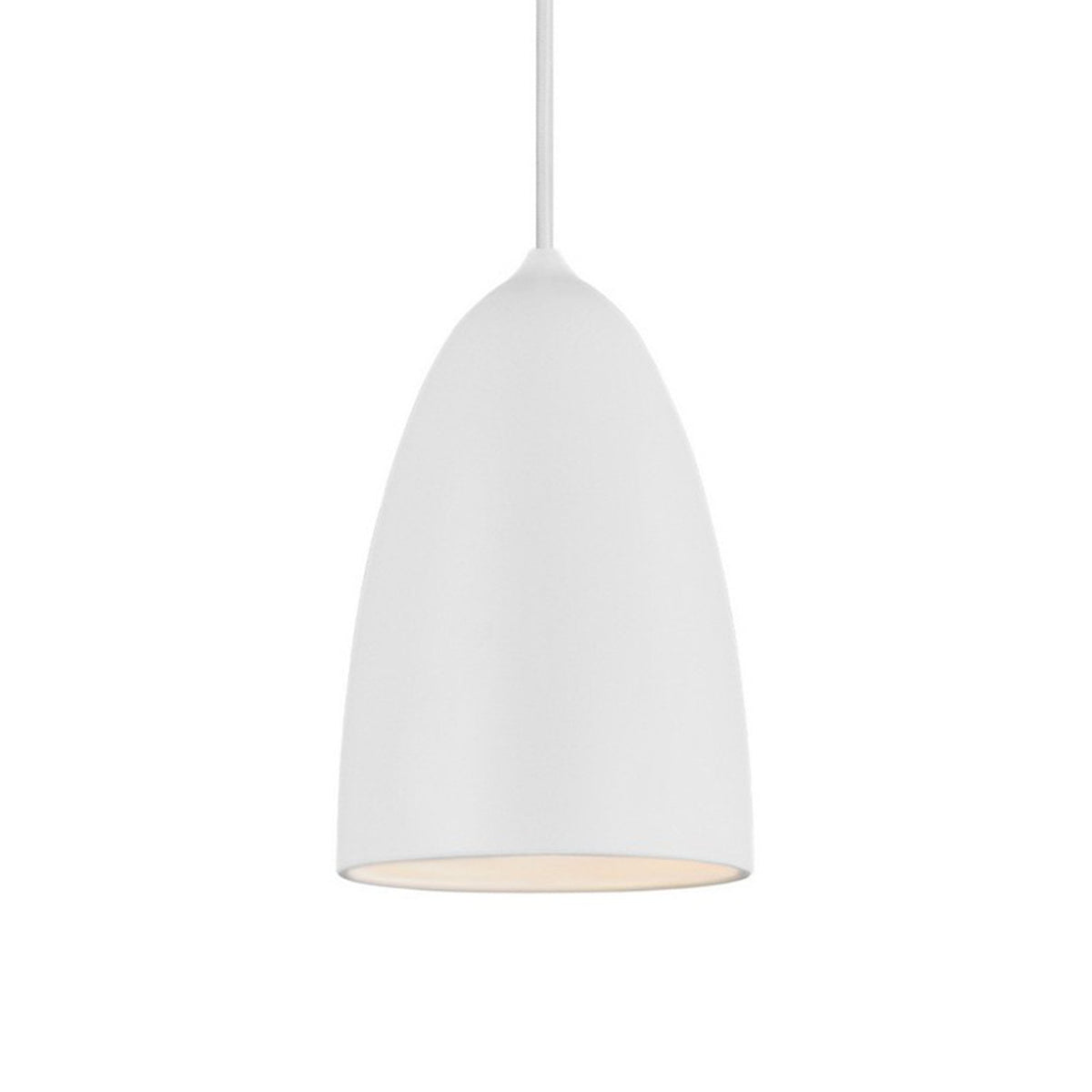 White pendant light with a smooth, conical shade and a subtle glow from the bottom opening