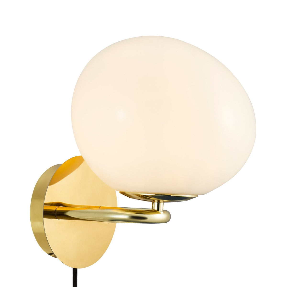 A white opal glass orb wall light with a brass base, viewed from an angle.