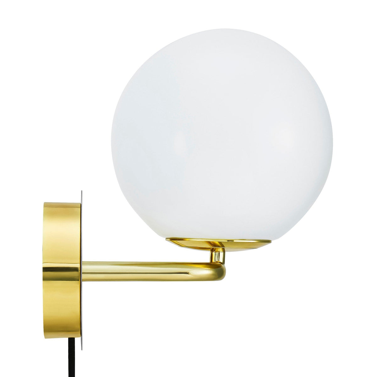 A white opal glass orb wall light with a brass base, viewed from the side.