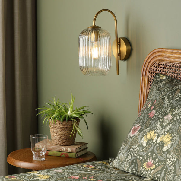 Idra Switched Wall Light In Aged Bronze With Clear Ribbed Glass Shade