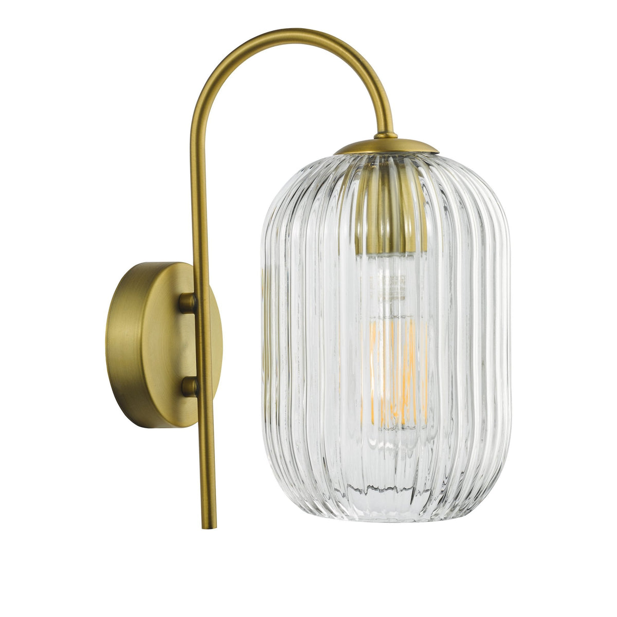Brass wall sconce with a curved arm and a ribbed glass shade, revealing an Edison bulb.