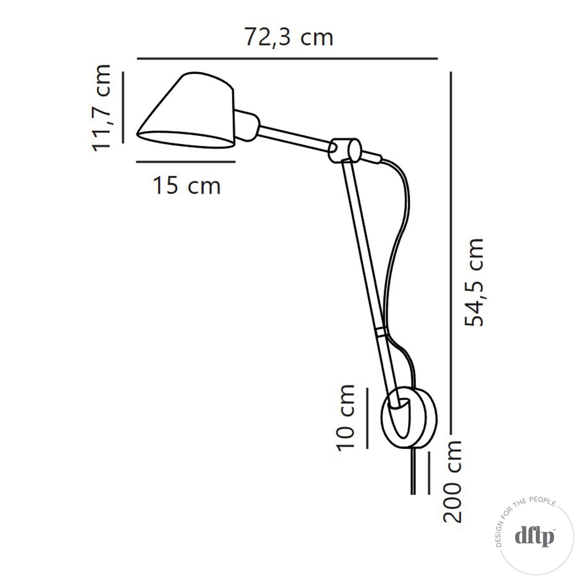 Line drawing of a wall lamp with dimensions: 72.3 cm width, 54.5 cm height, 200 cm cable