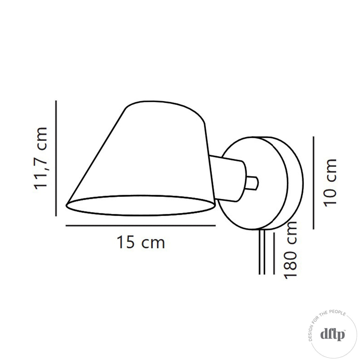 Line drawing of a wall lamp with measurements: 11.7 cm height, 15 cm width, 10 cm depth, 180 cm cable