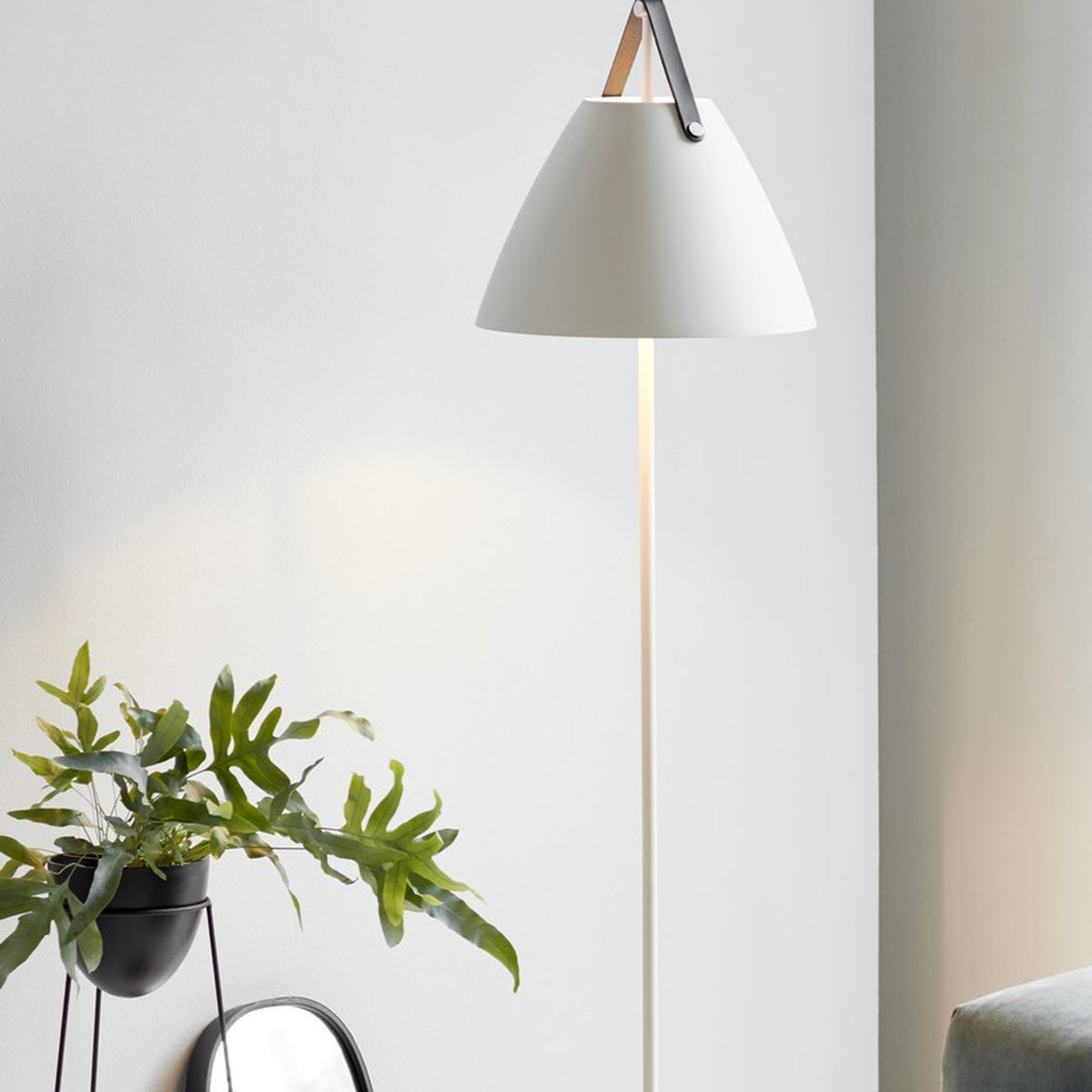Strap Floor Lamp in White with Leather Detail