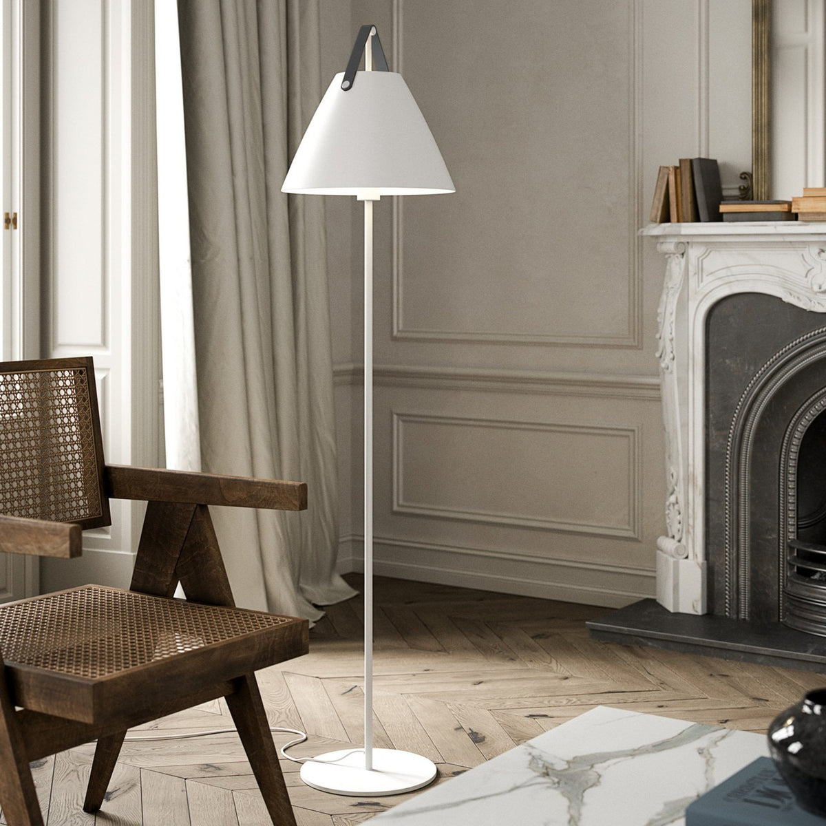 Strap Floor Lamp in White with Leather Detail
