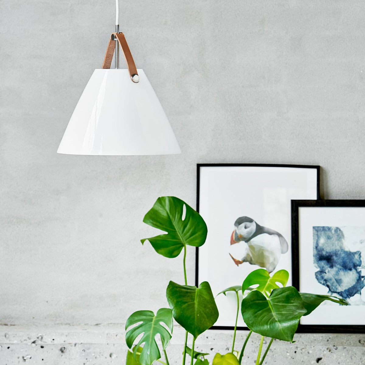 Strap 27 Opal Glass Pendant in White with Leather Detail