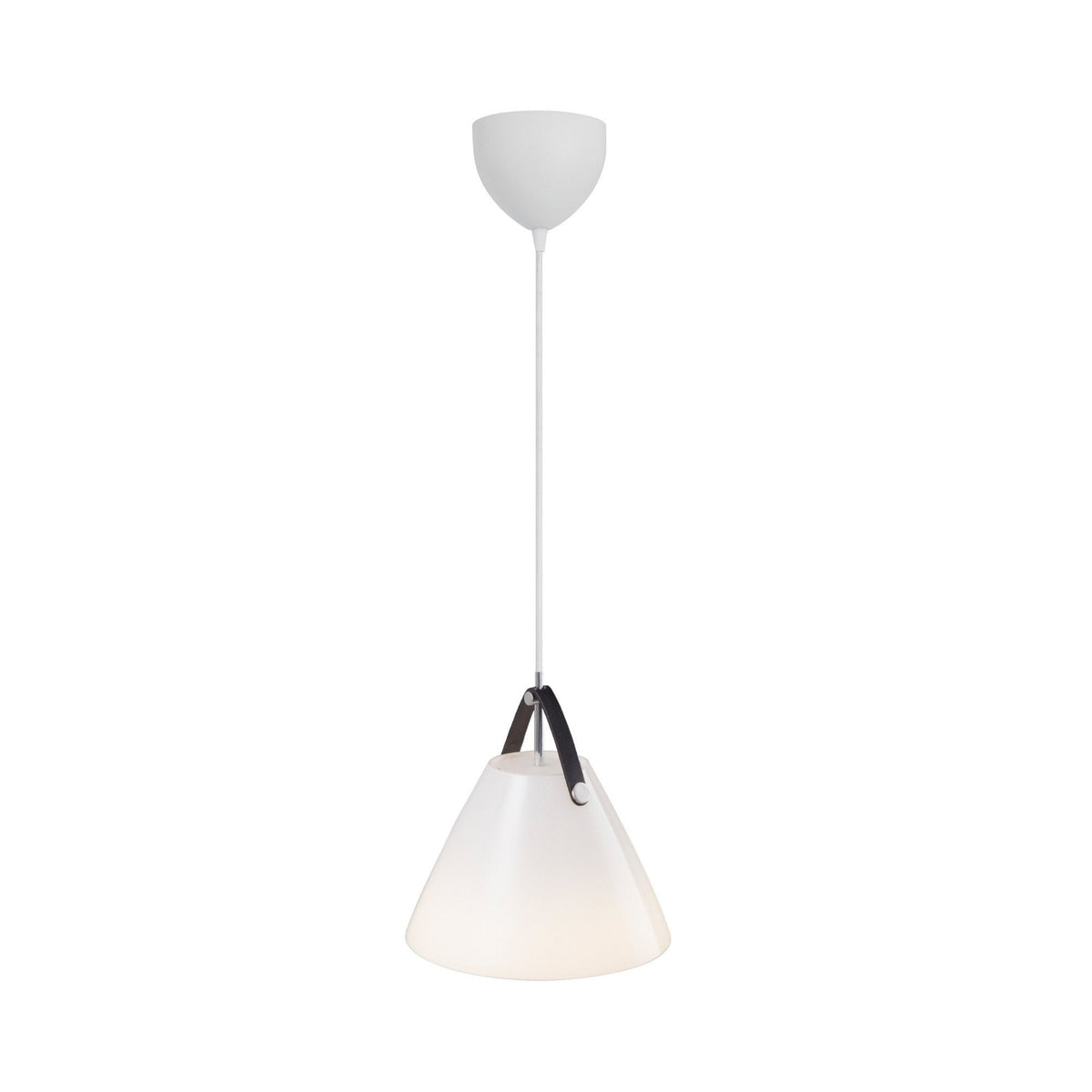 White pendant light with a conical shade and a black leather strap detail