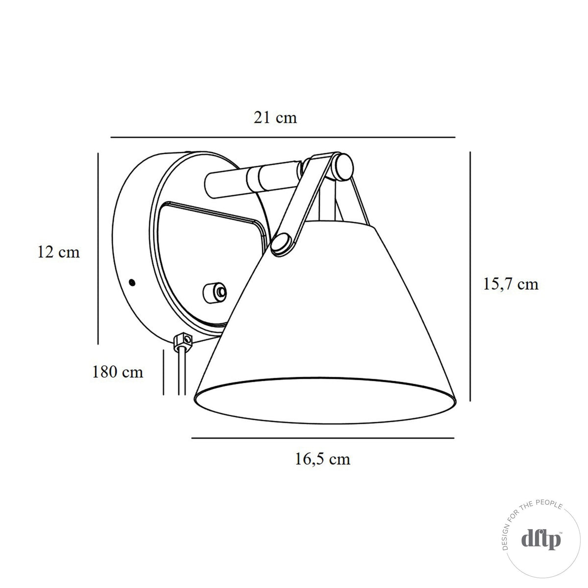 Line drawing of a wall light with dimensions: 21cm width, 12cm height, 15.7cm depth, 16.5cm shade diameter
