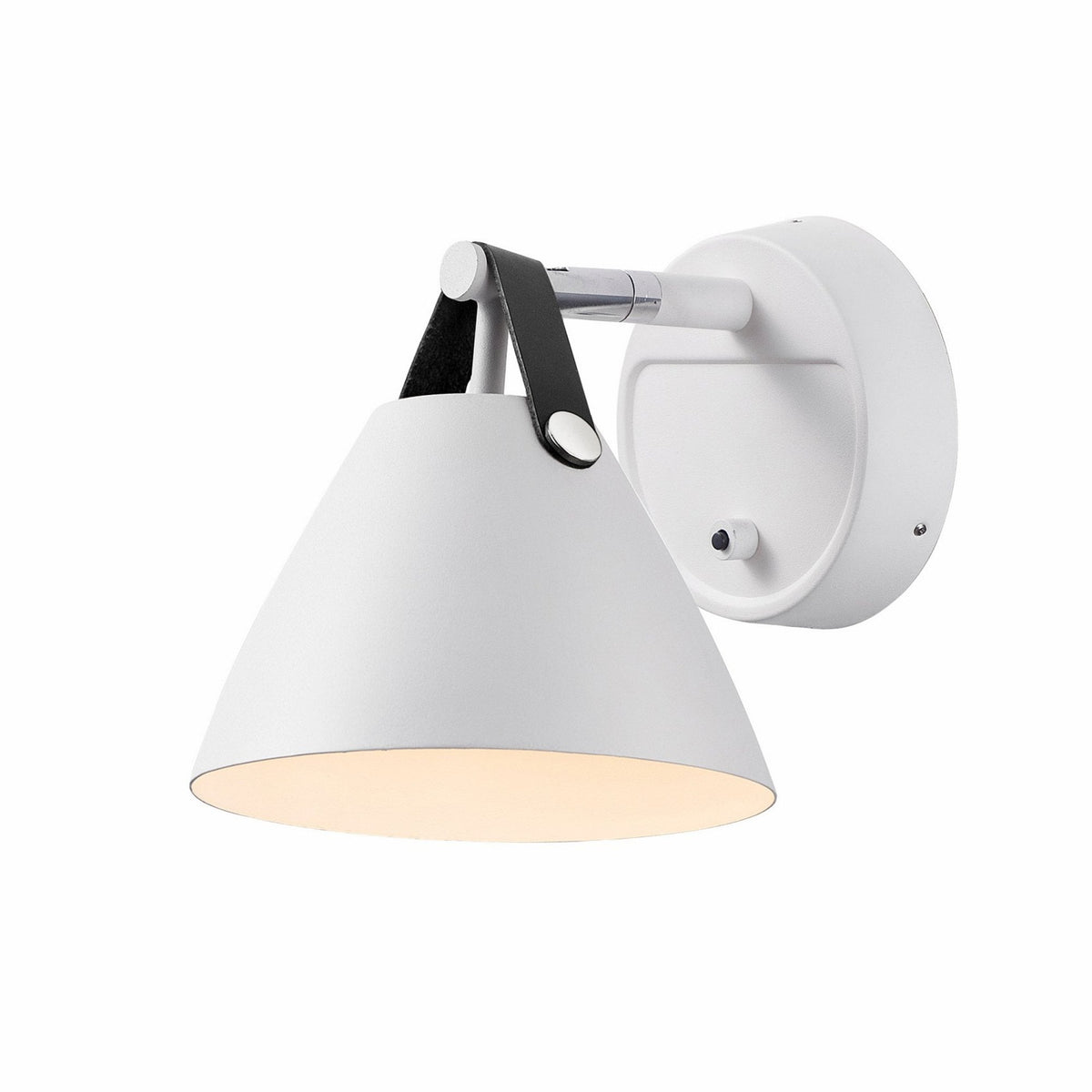 A white metal tapered wall light featuring a black leather strap, viewed from the left.