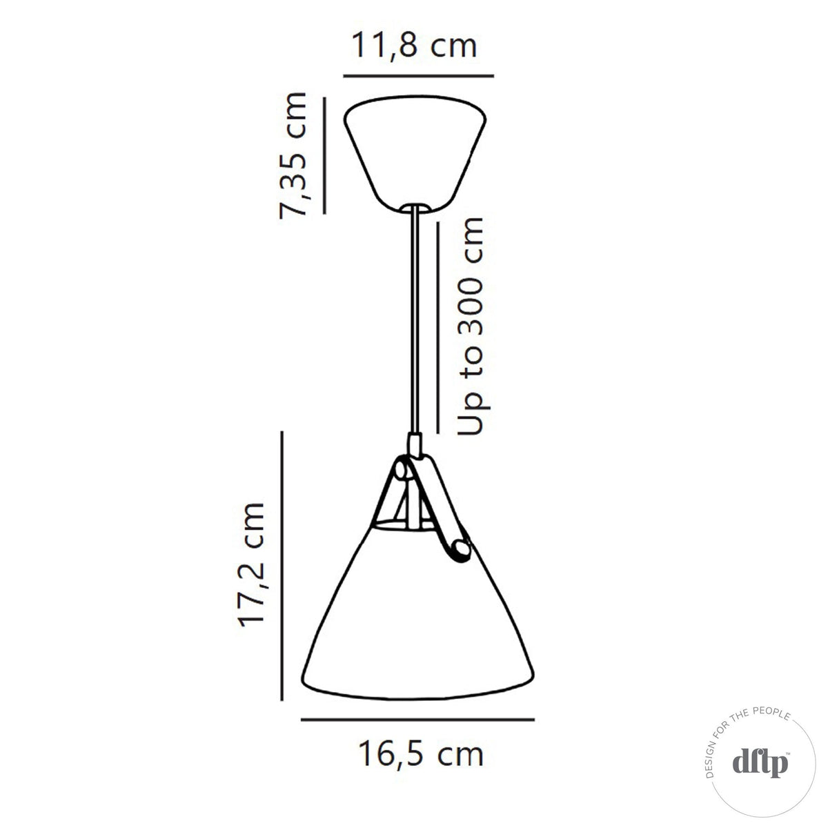 A diagram with measurements for the white pendant light.