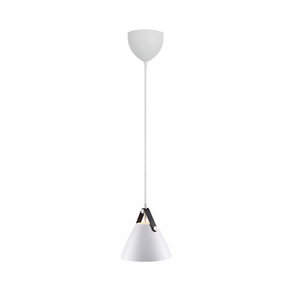 A white pendant light with a dark brown leather strap.