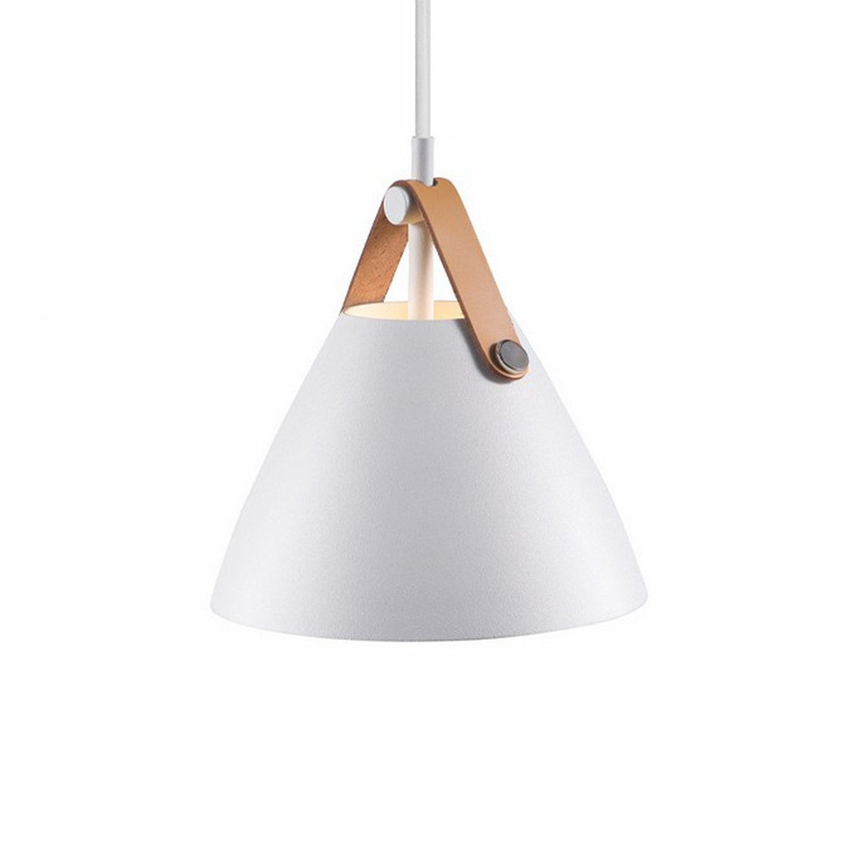 A close up of a white pendant light with a tan leather strap.