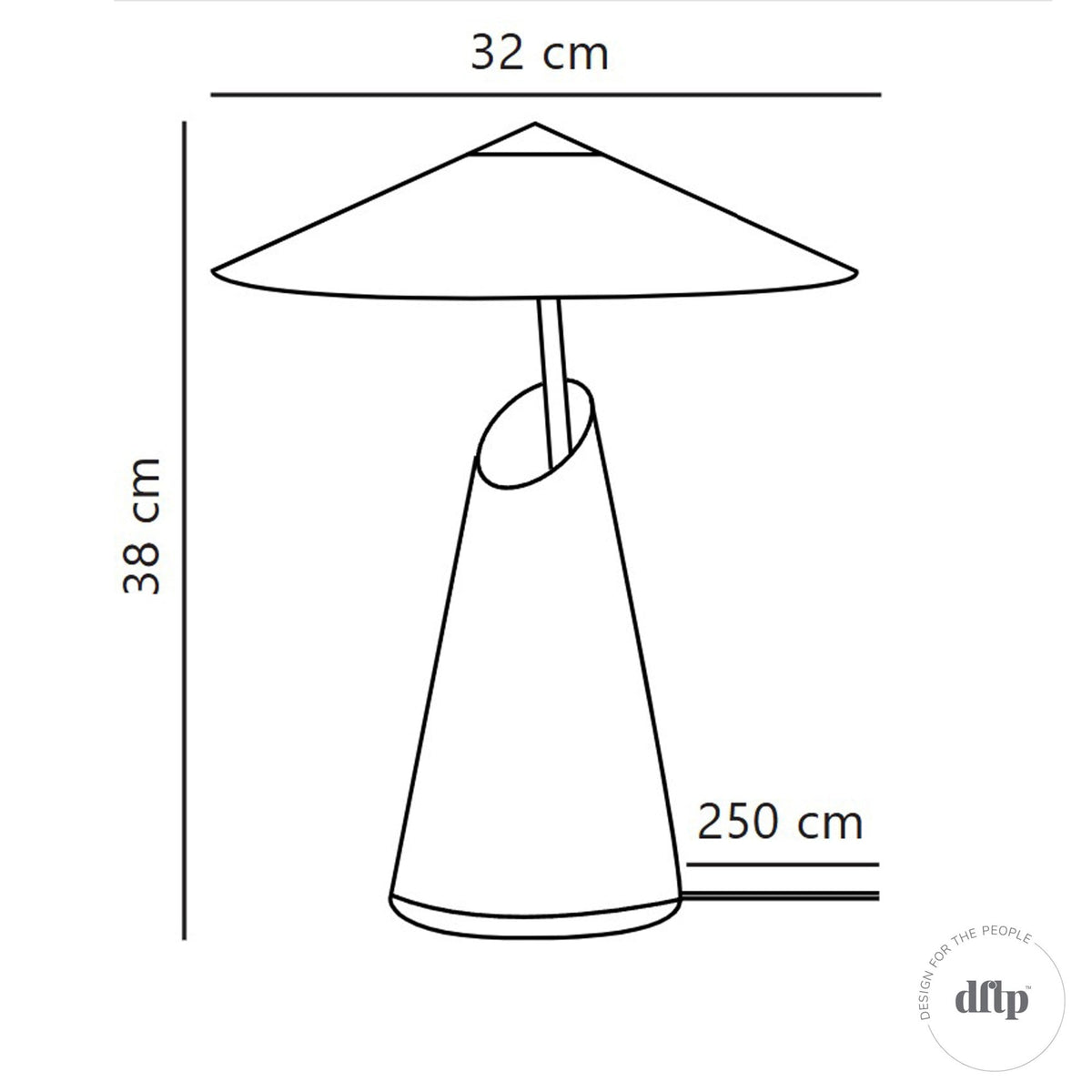 Line drawing of a table lamp with a conical base and a wide, flat shade. Dimensions are 38cm H x 32cm W