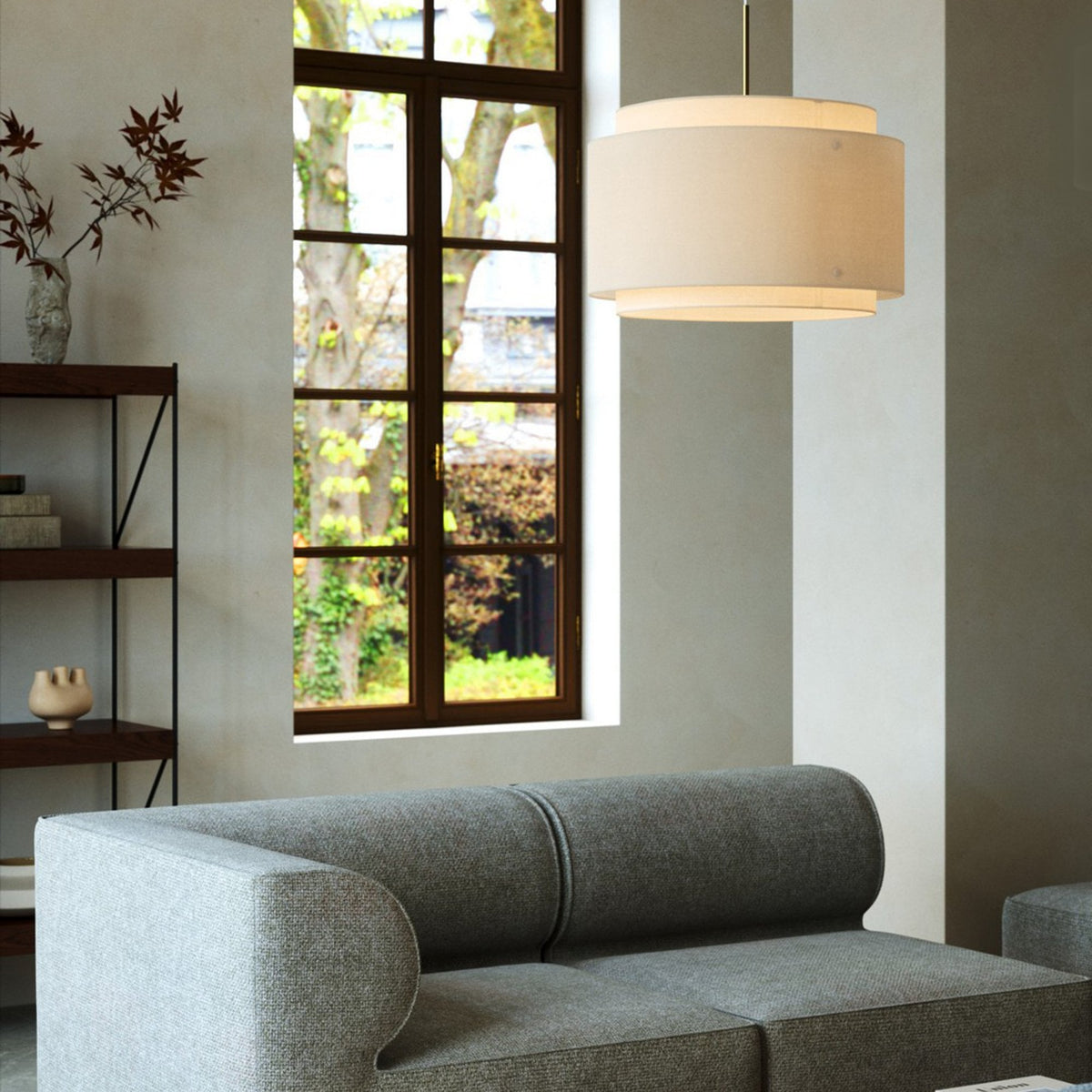 Takai Pendant In Beige Fabric & Brass Detail