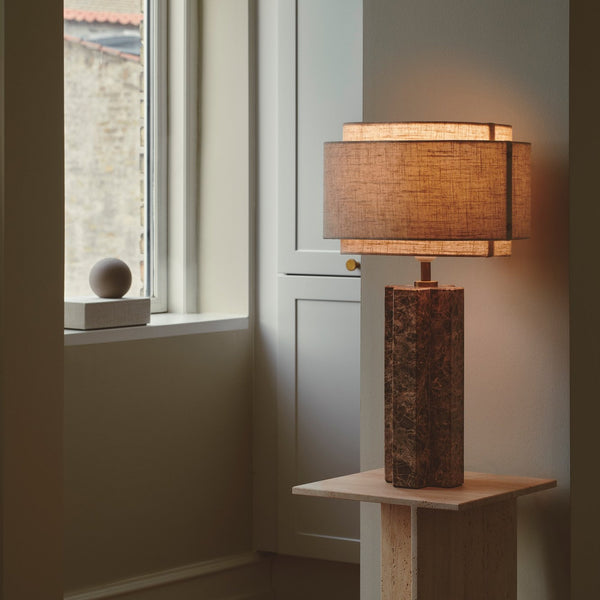 Takai Table Lamp with Brown Marble Base & Beige Fabric Shade