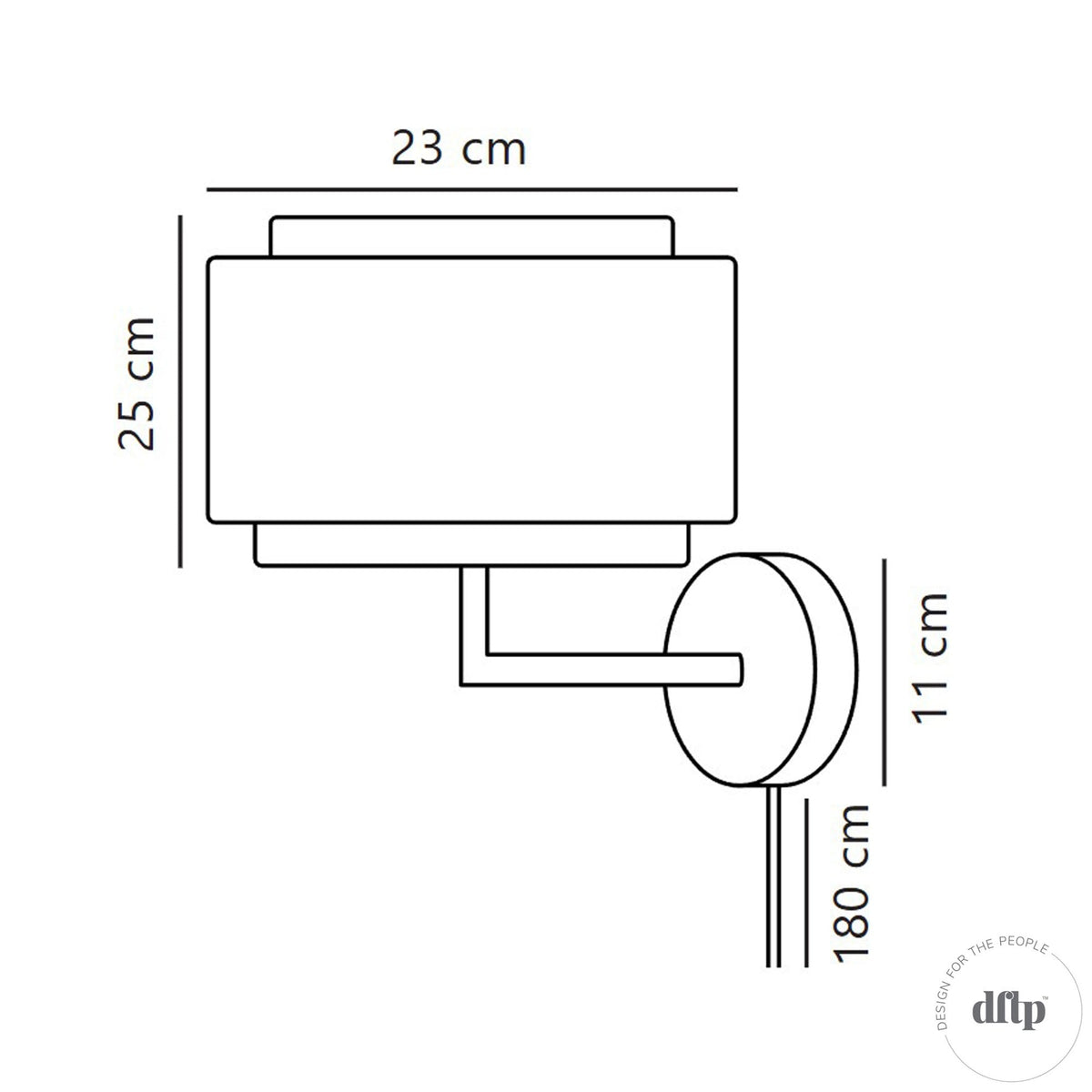 Line drawing with dimensions of a wall light with a 23cm wide and 25cm high shade.