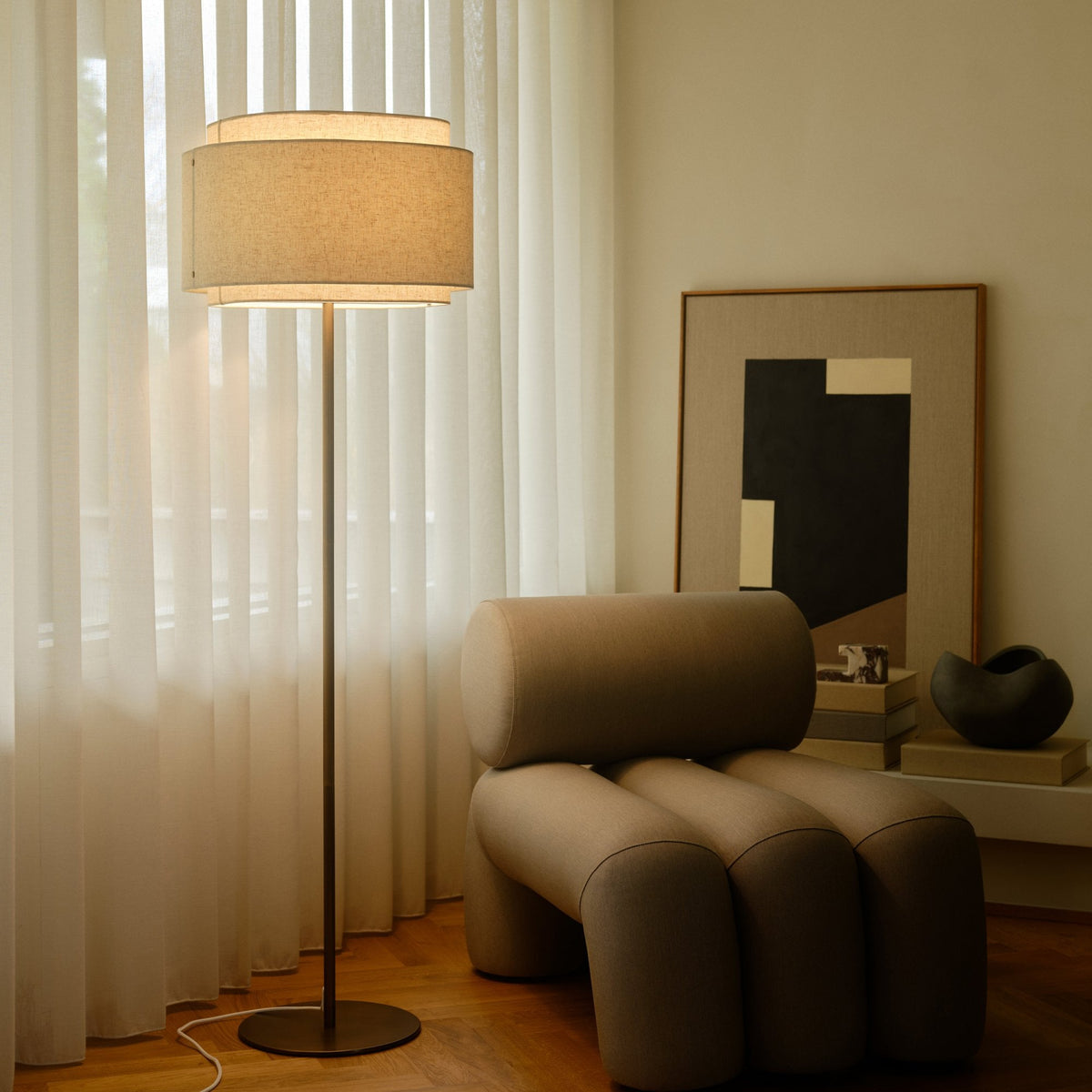 Takai Floor Lamp in Burnished Brass with Beige Fabric Shade