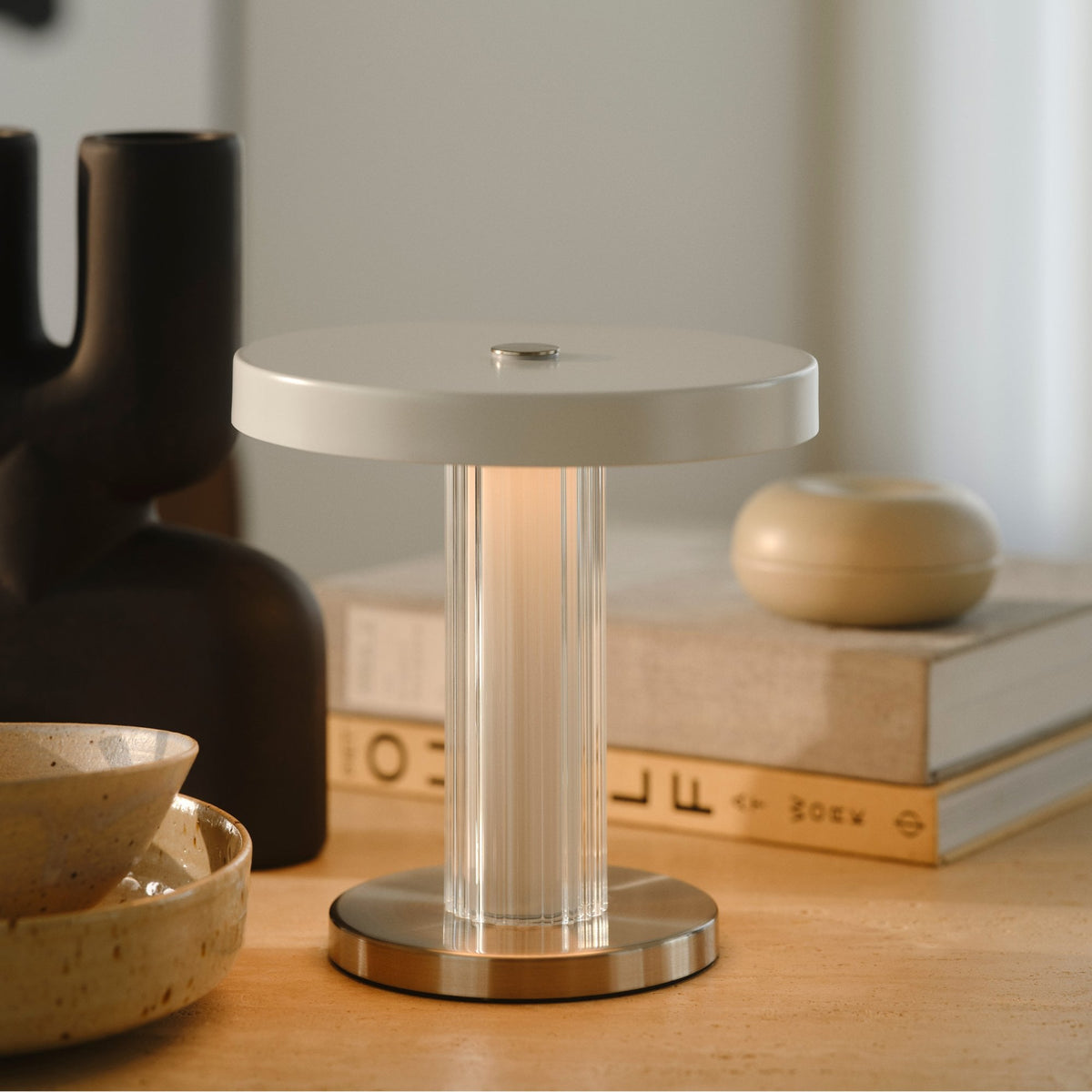 Trezzi LED Portable Table Lamp in White with Fluted Glass