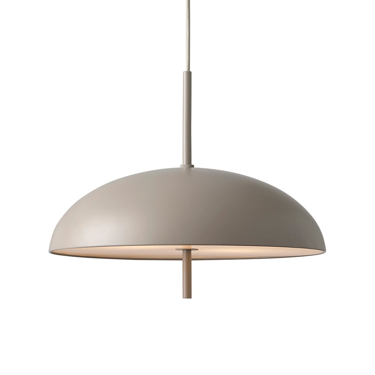 Grey semi-dome pendant light with a cylindrical stem and a small T-shaped detail at the bottom
