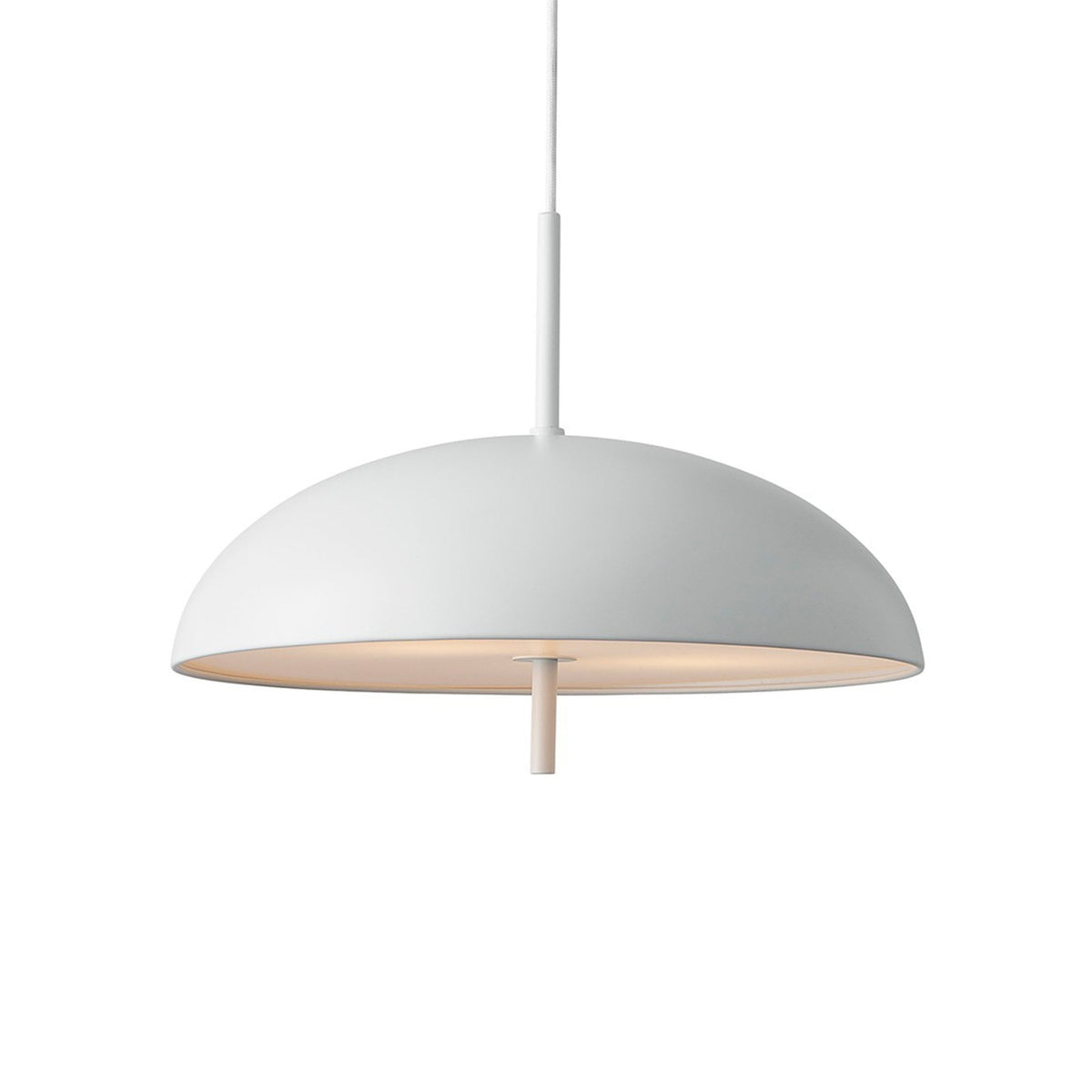 A close-up of a white pendant light, highlighting its design details.