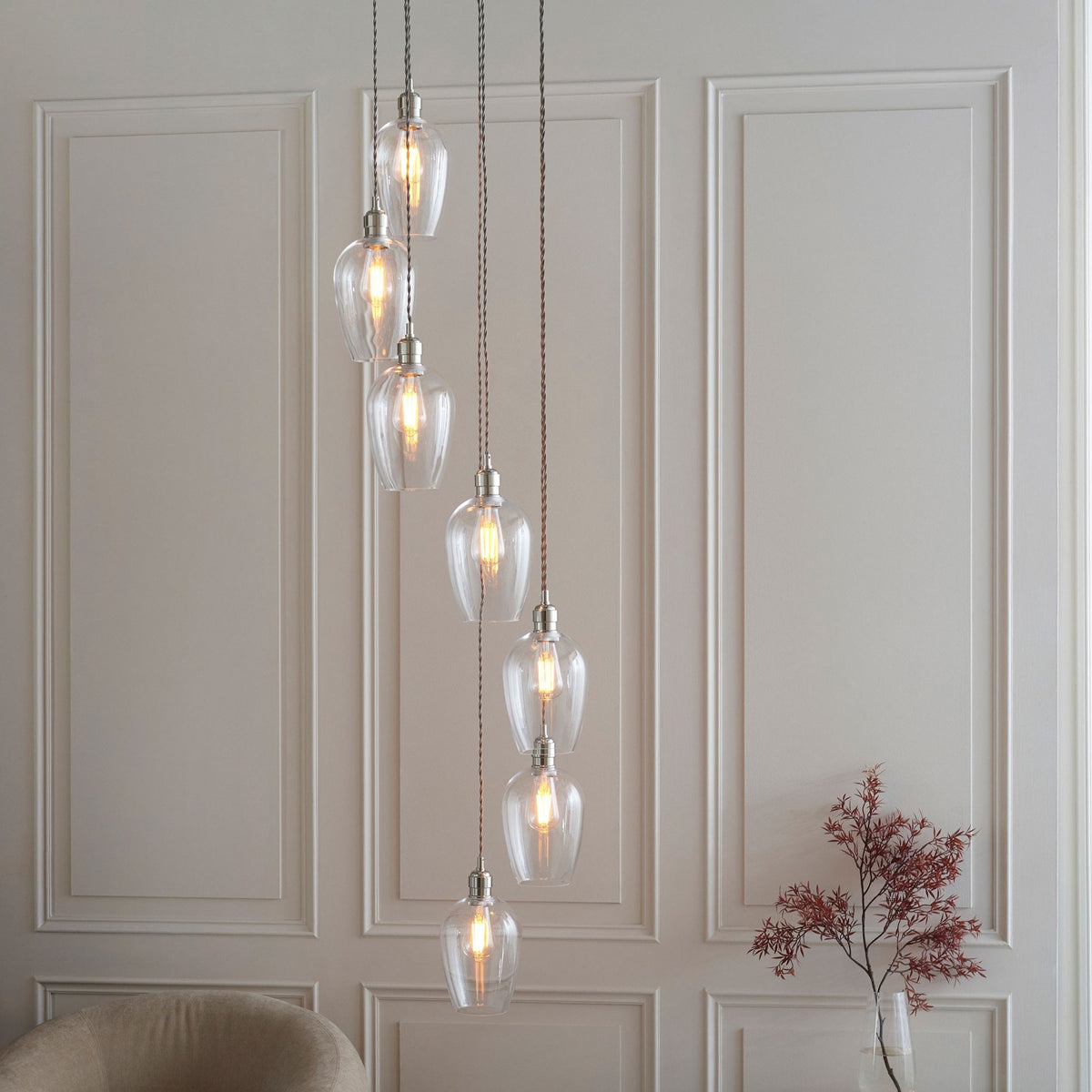 Hoburne 7 Light Cascade Pendant in Bright Nickel with Clear Glass