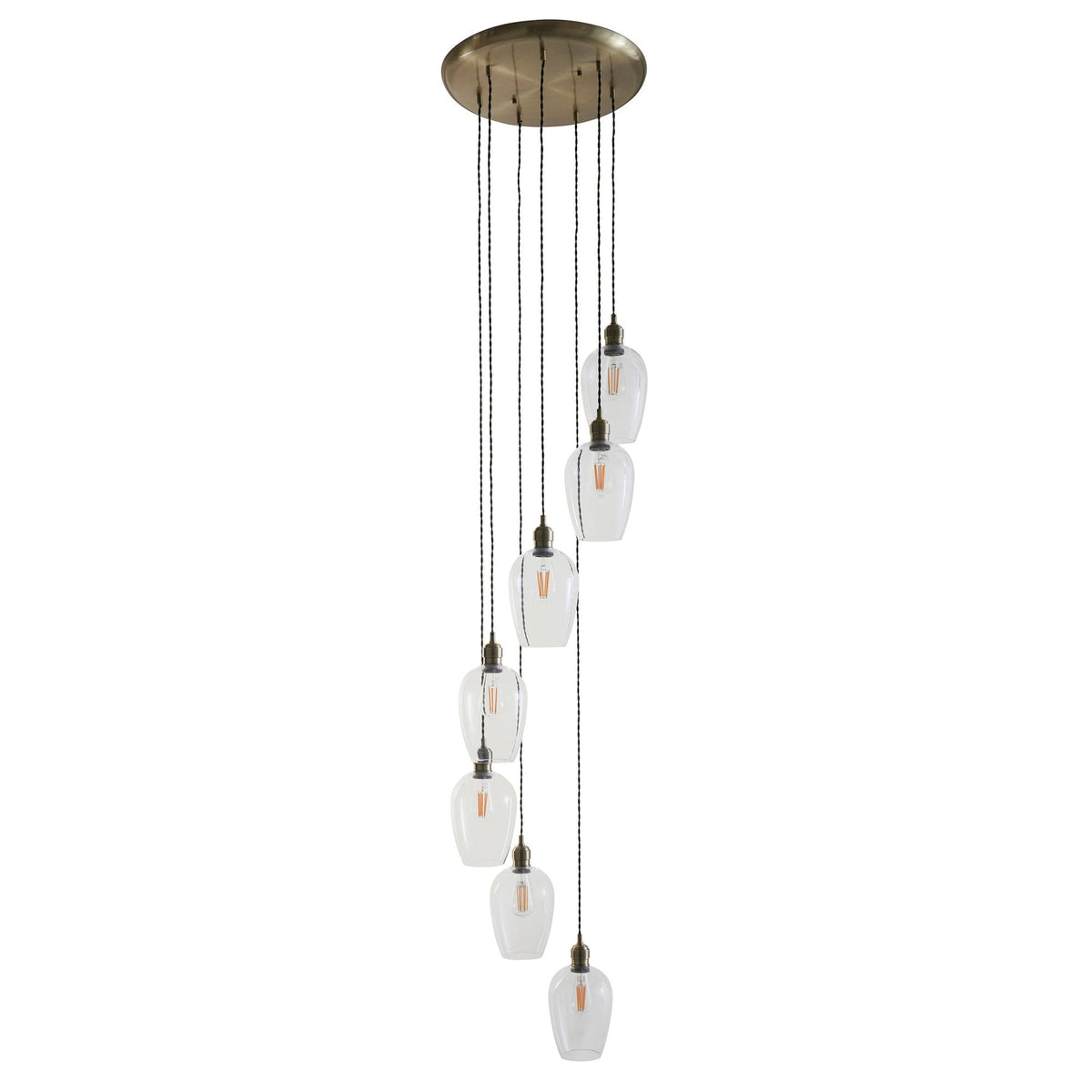 Hoburne 7 Light Cascade Pendant in Antique Brass with Clear Glass